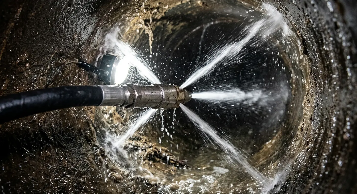 High-pressure hydro jetting nozzle cleaning sewer pipe for Sewer Cleanout in Dinuba