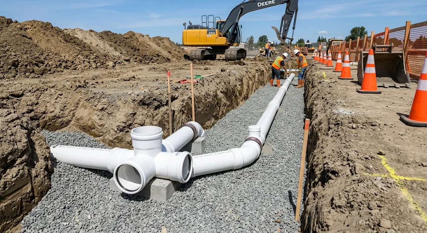New PVC sewer pipe installation in open trench for Grease Trap Cleaning in Dinuba