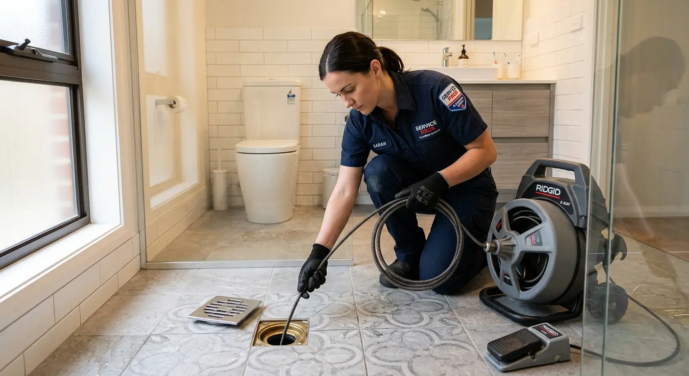 Technician clearing a bathroom floor drain for Sewer Line Replacement in Dinuba